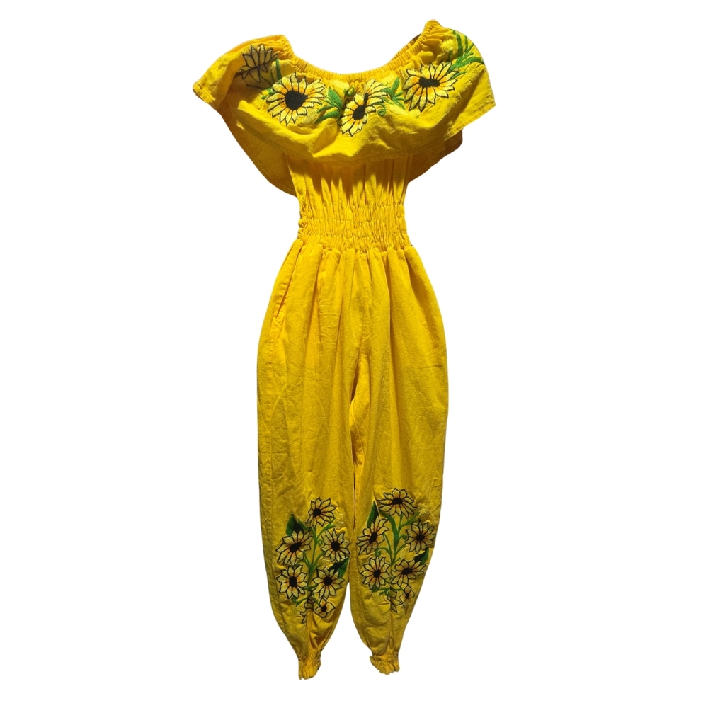 Handmade Mexican Jumpsuit with Sunflower Embroidery - Boho Artisan Piece